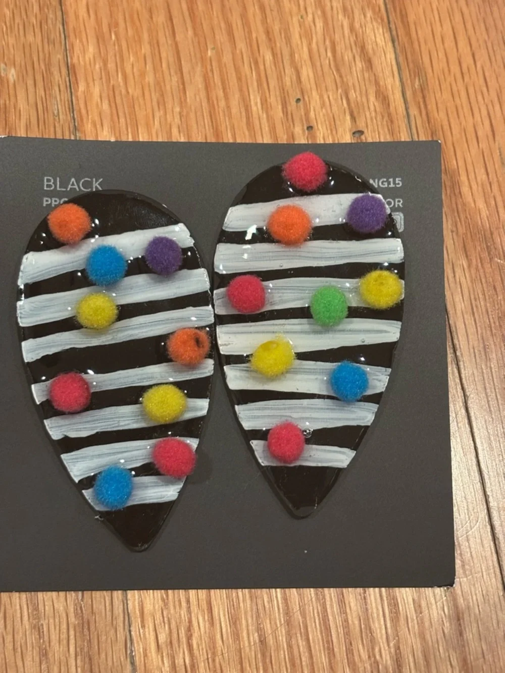 NEW! HANDMADE Black White Striped Earrings with Multicolor Pom Poms
